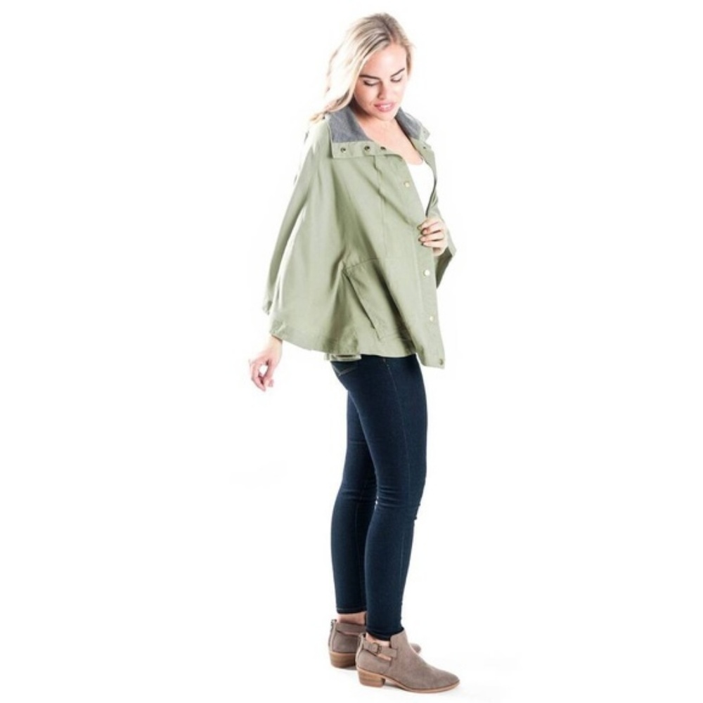 Cape Style Olive Green Poncho Button Up Jacket - Picture 3 of 5